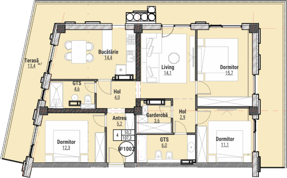 4 camere 107 m²