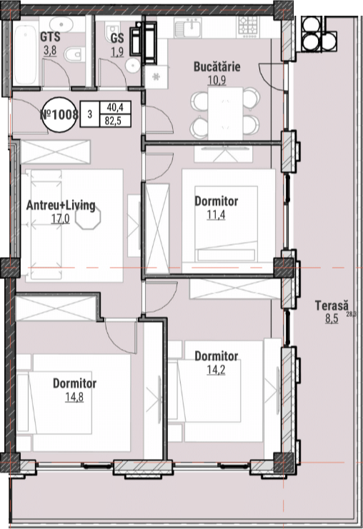 3 camere 83 m²