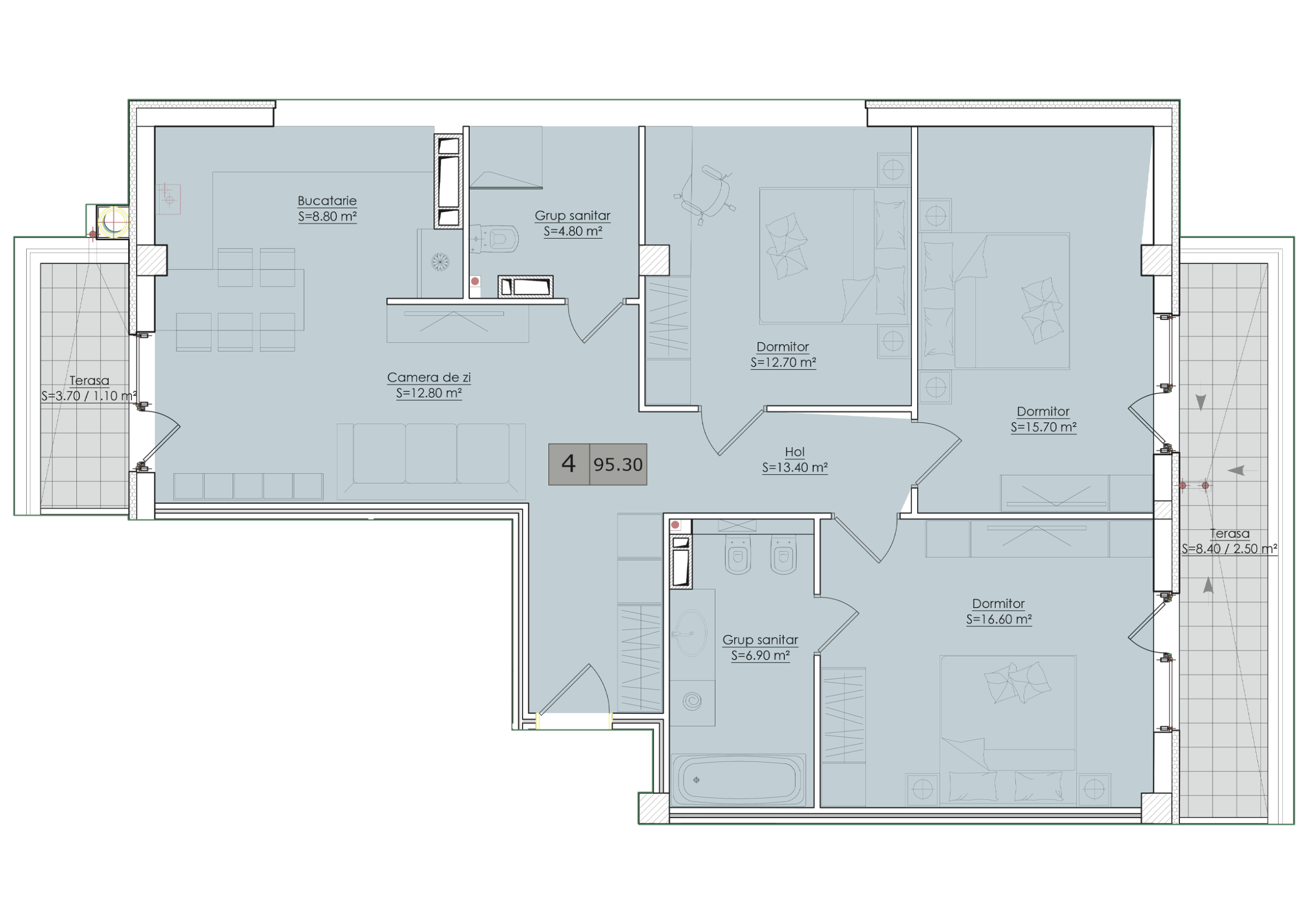 4 camere 95 m²