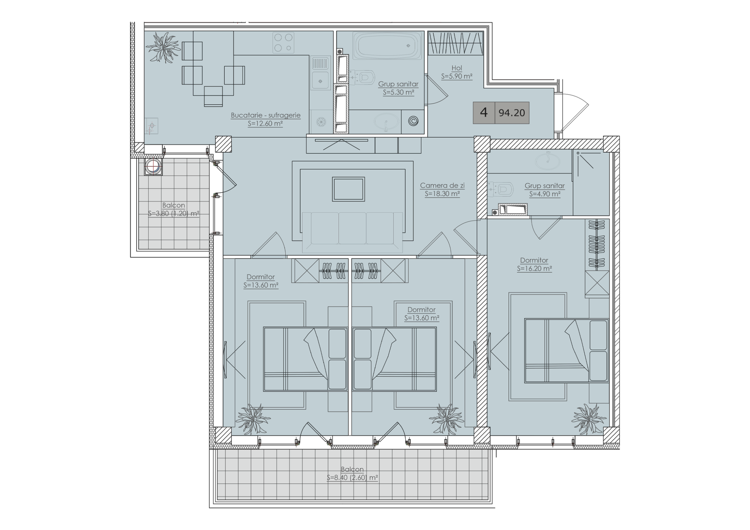 4 camere 94 m²