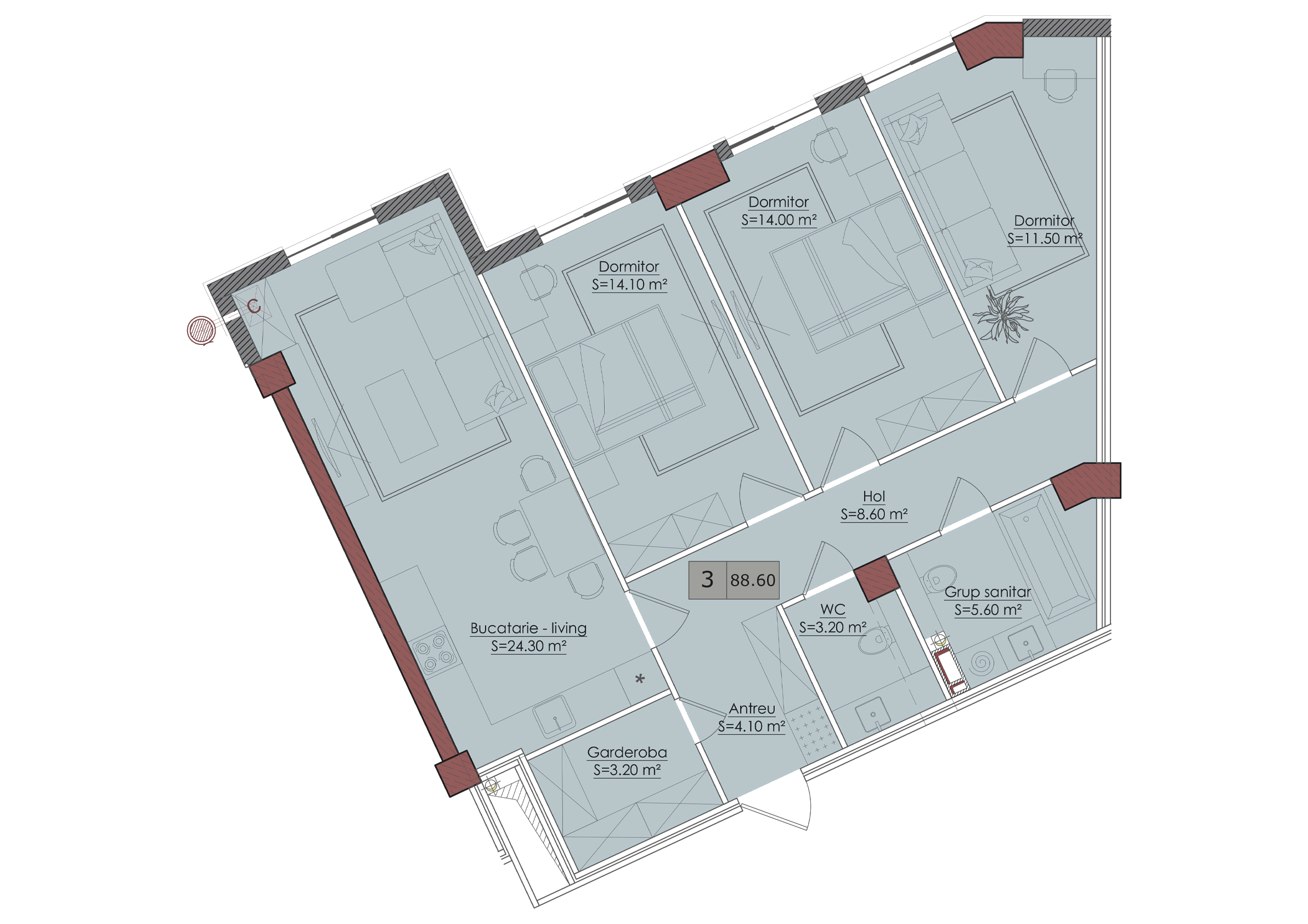 3 camere 89 m²