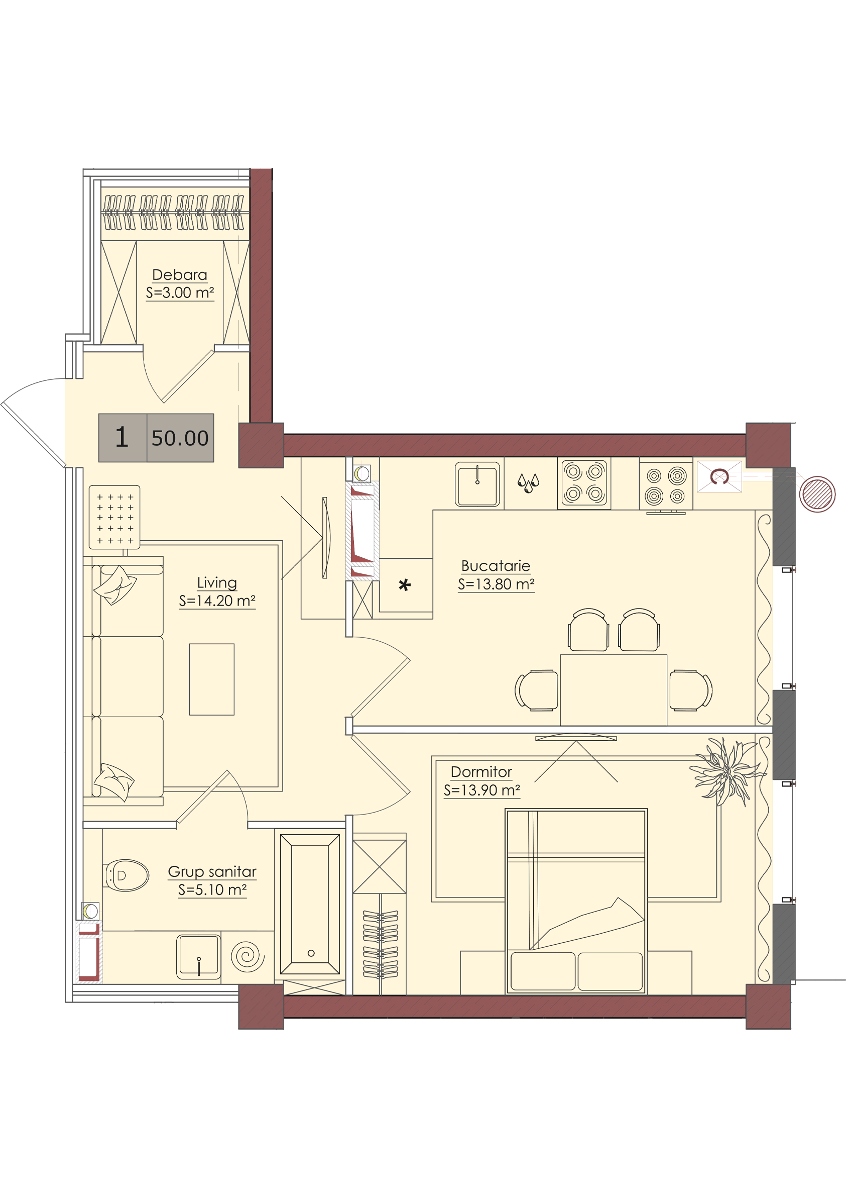 1 cameră 50 m²