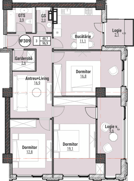 3 camere 97 m²