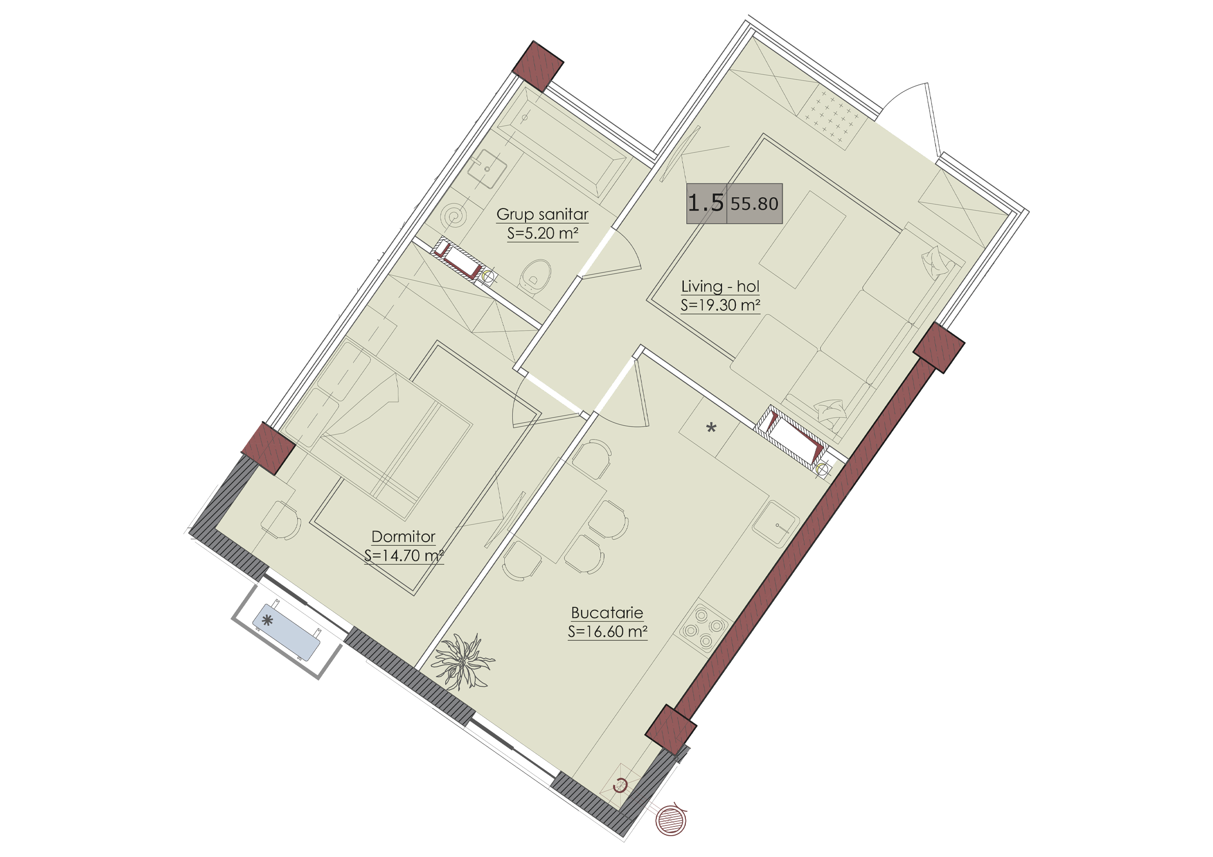 1 cameră 56 m²