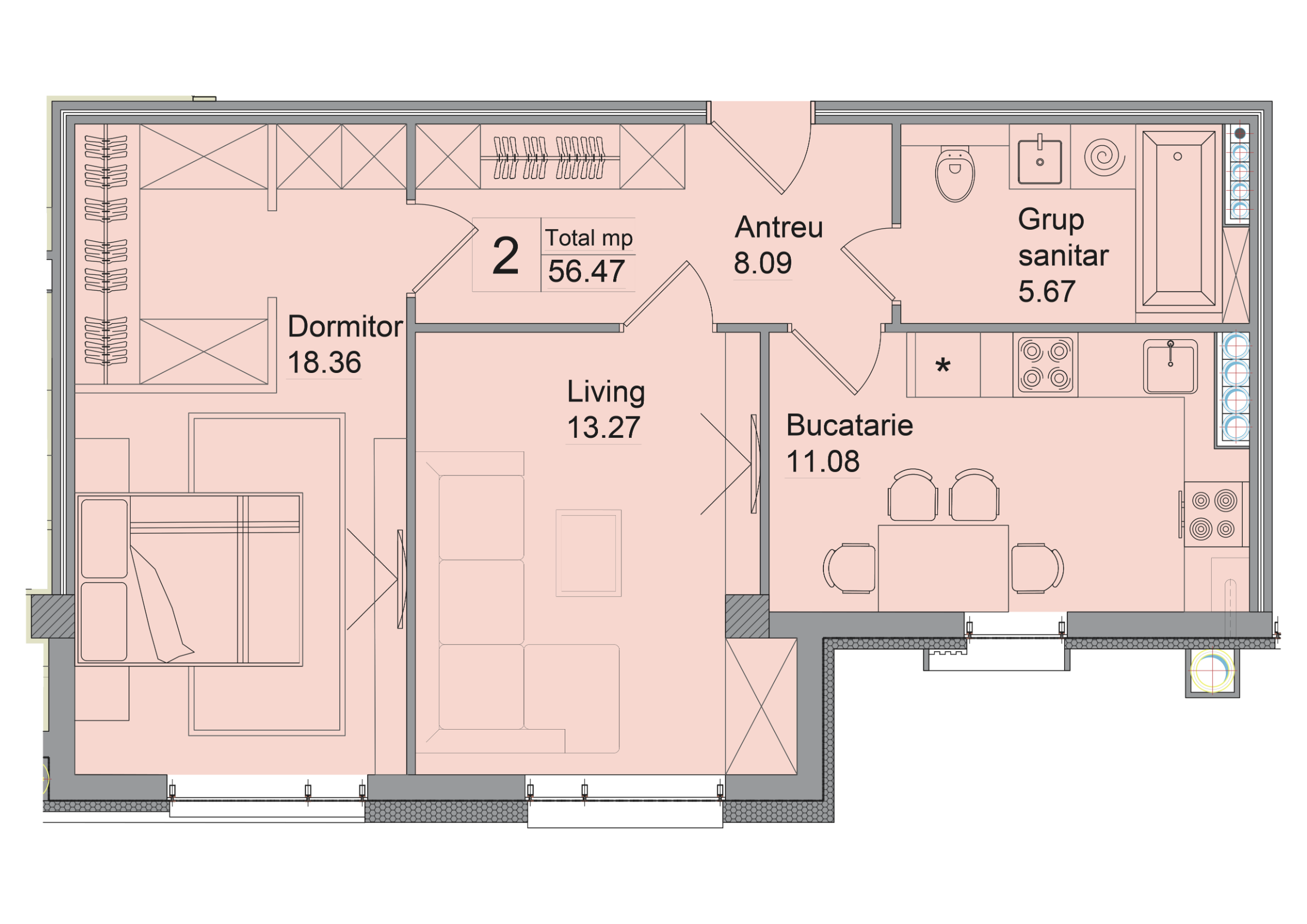 2 camere 56 m²