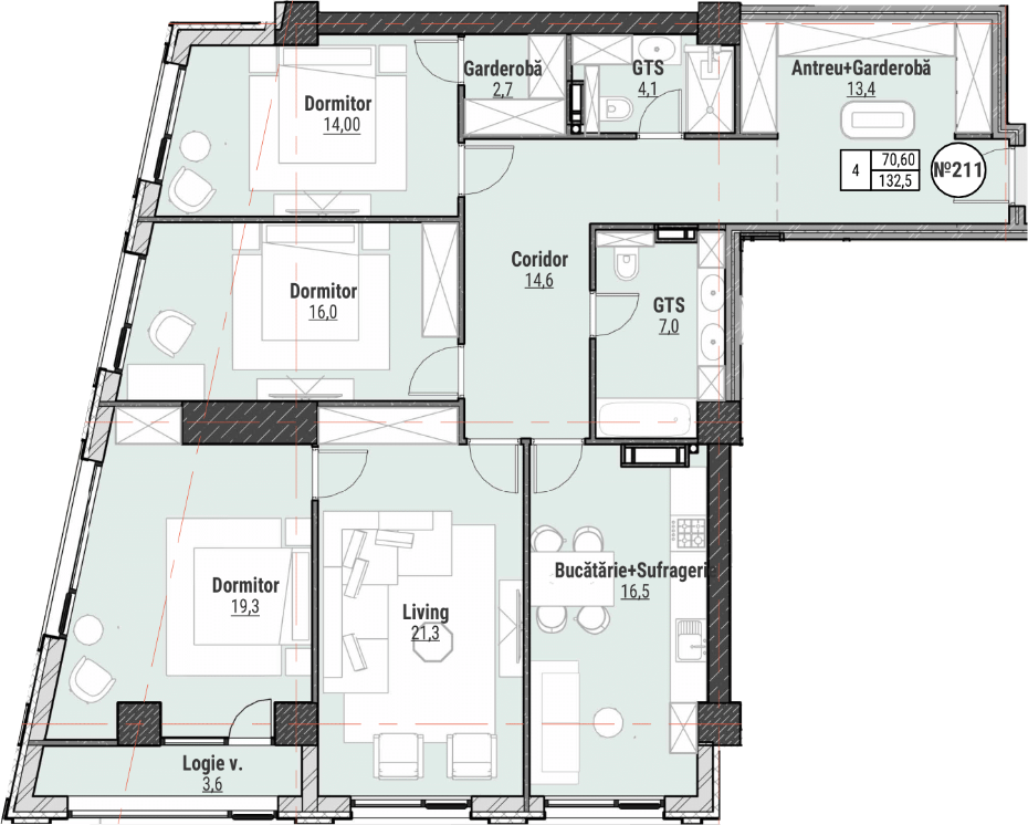 4 camere 134 m²