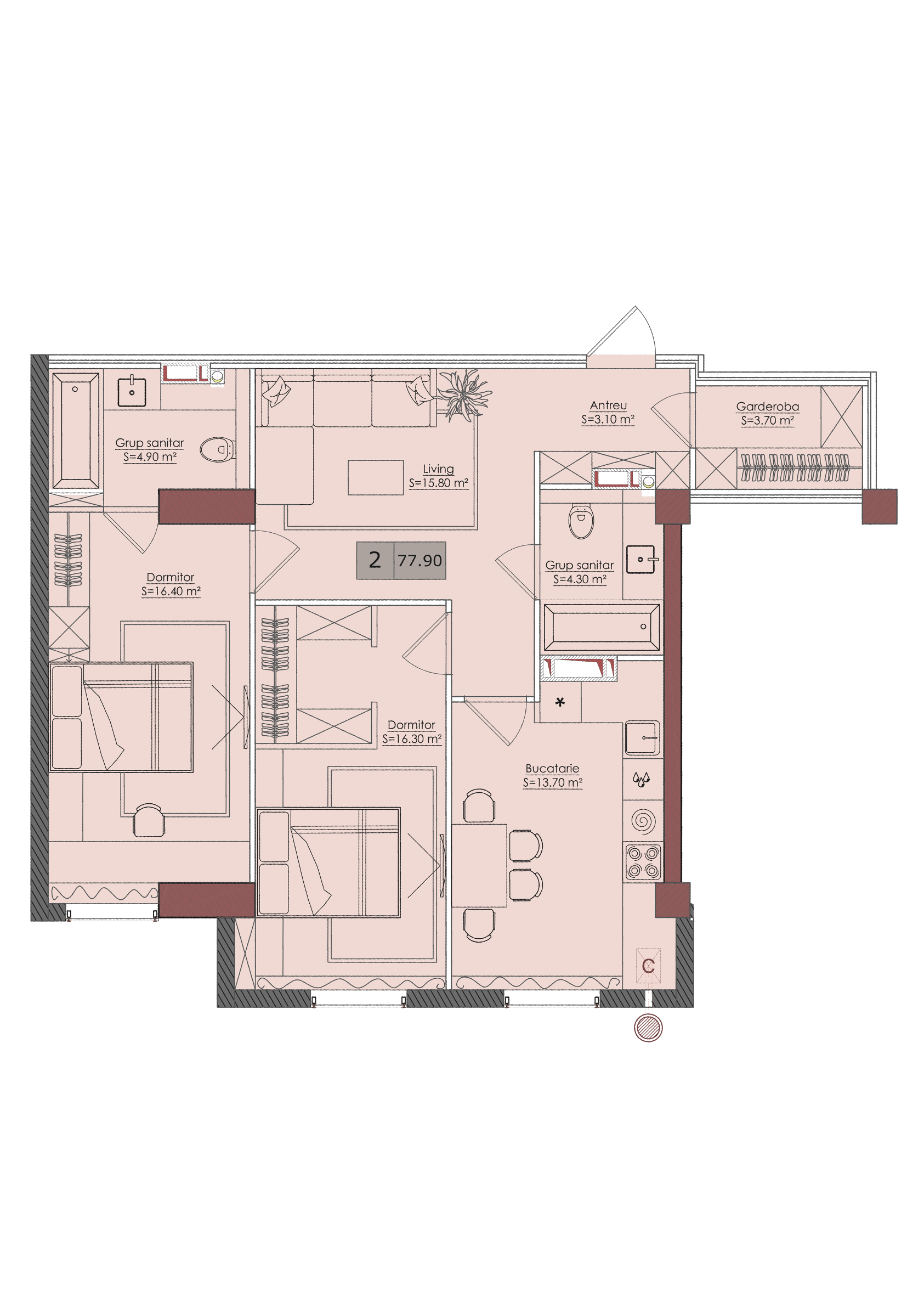 2 camere 78 m²