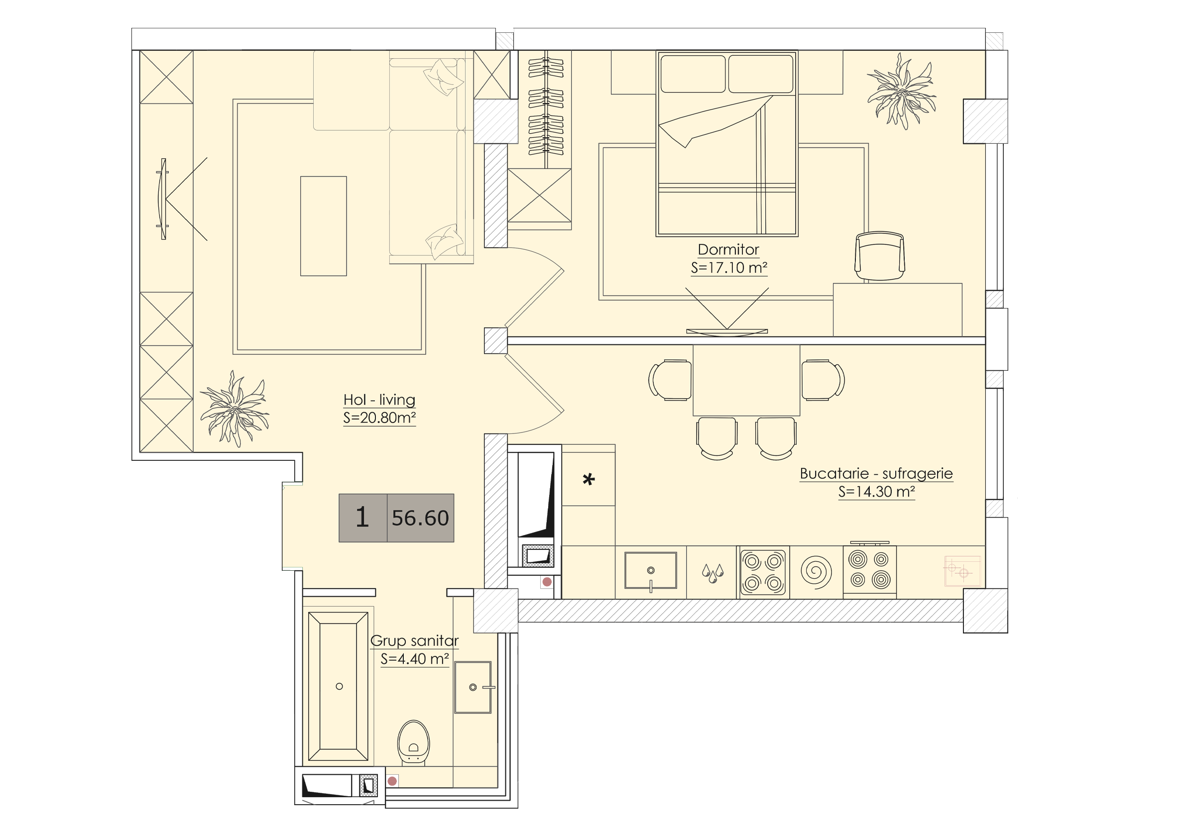 1 cameră 57 m²