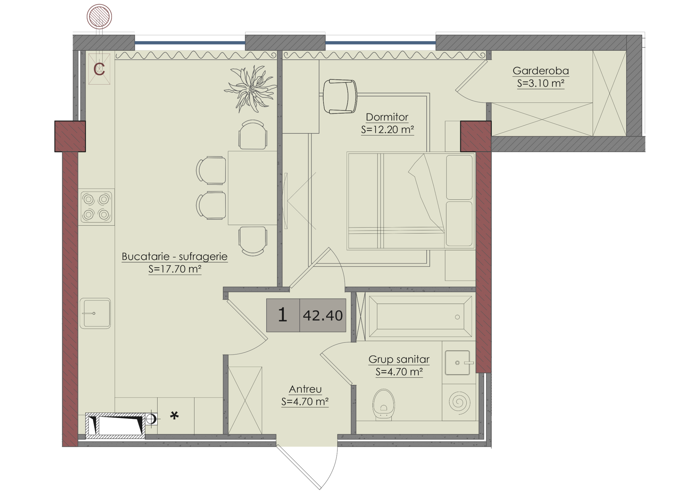 1 cameră 42 m²