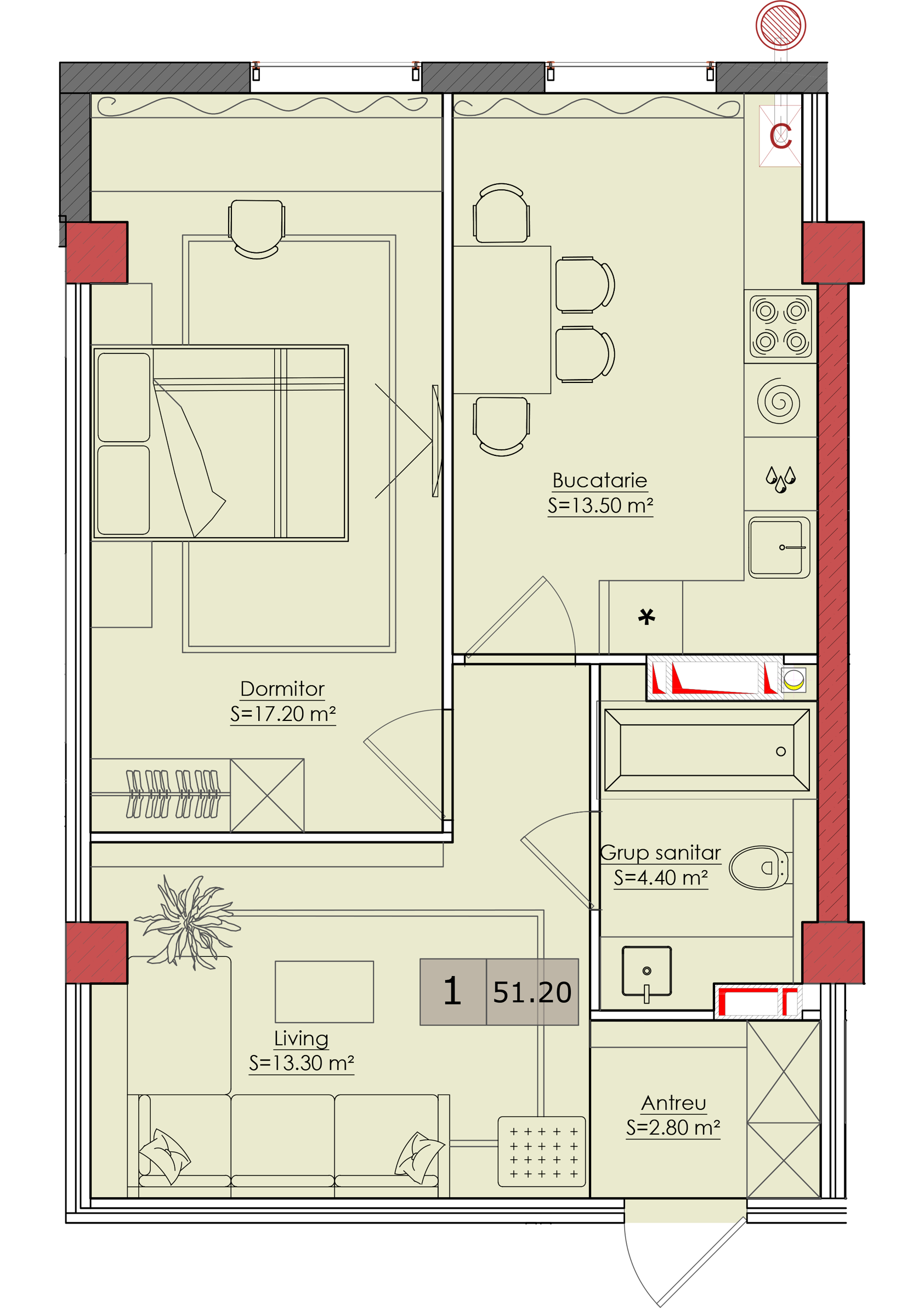 1 cameră 52 m²