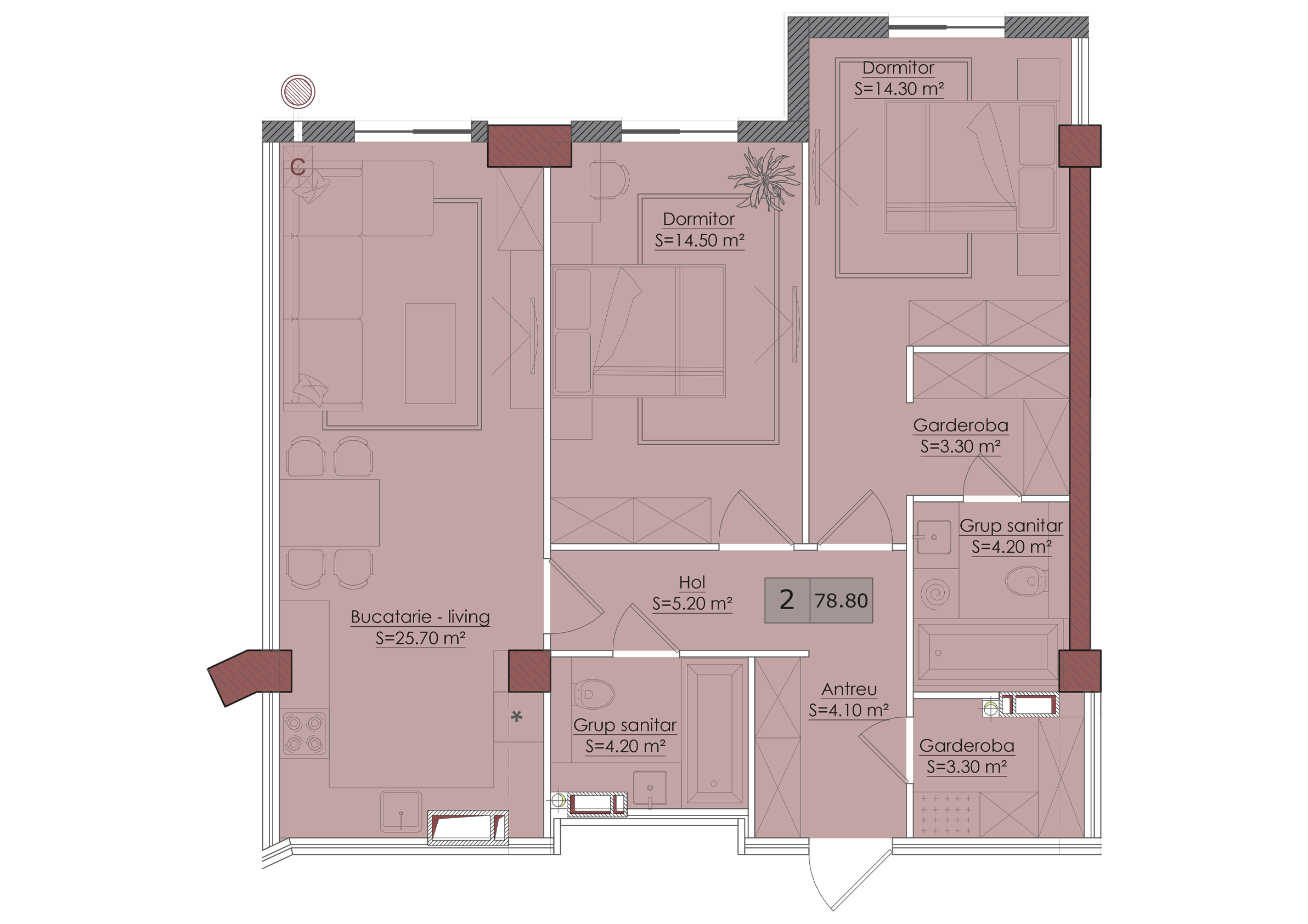 2 camere 79 m²