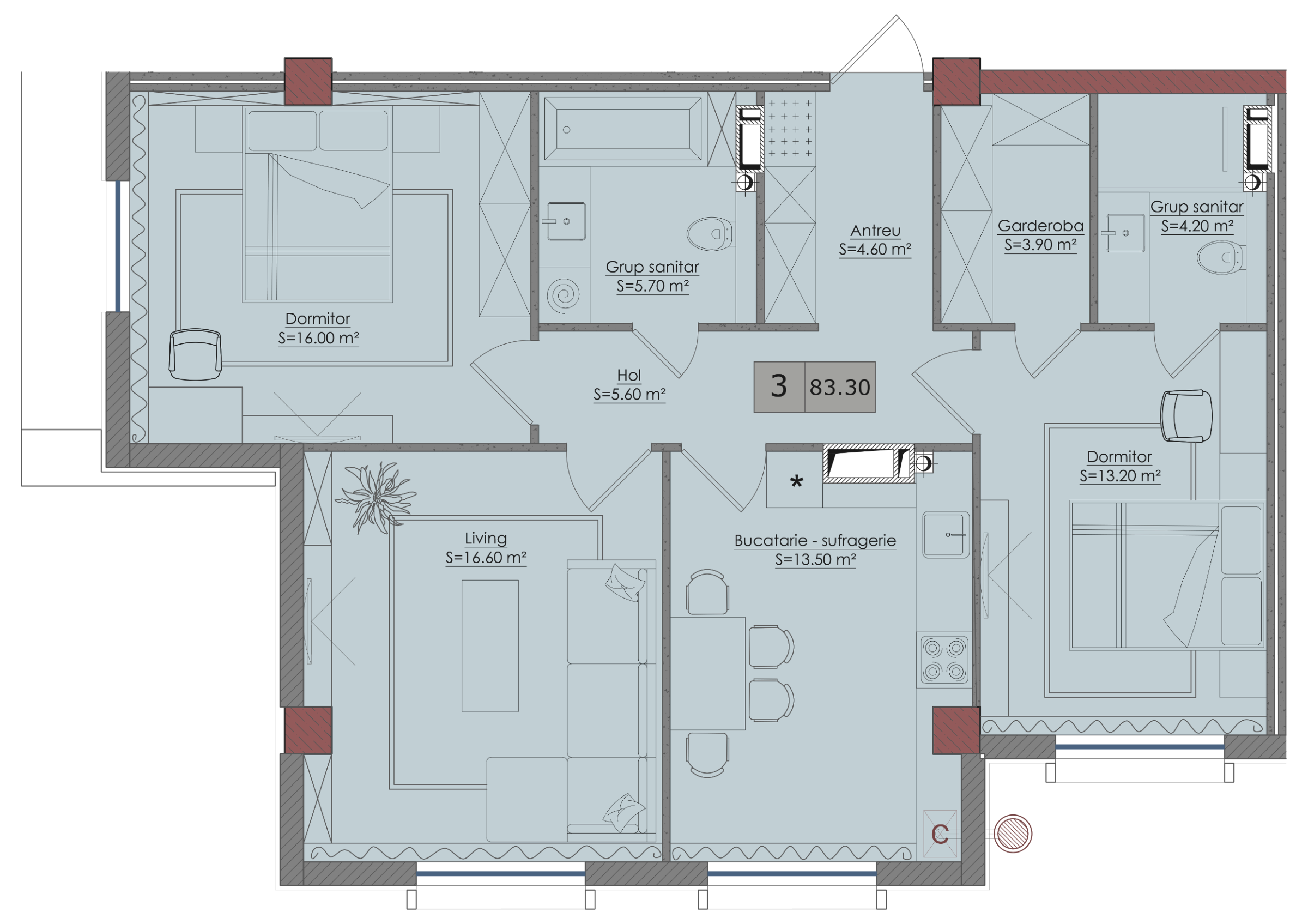 3 camere 83 m²