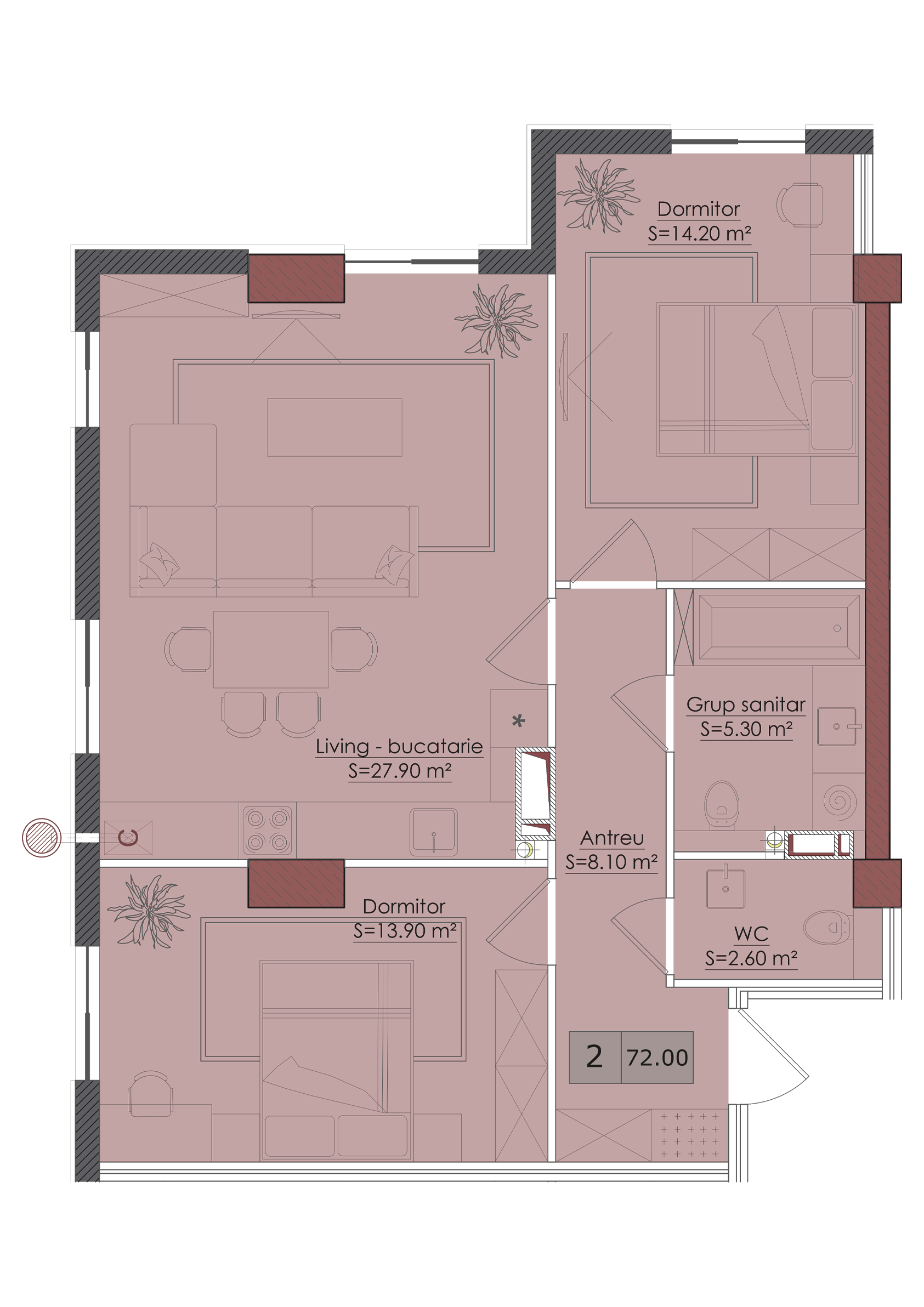 2 camere 72 m²