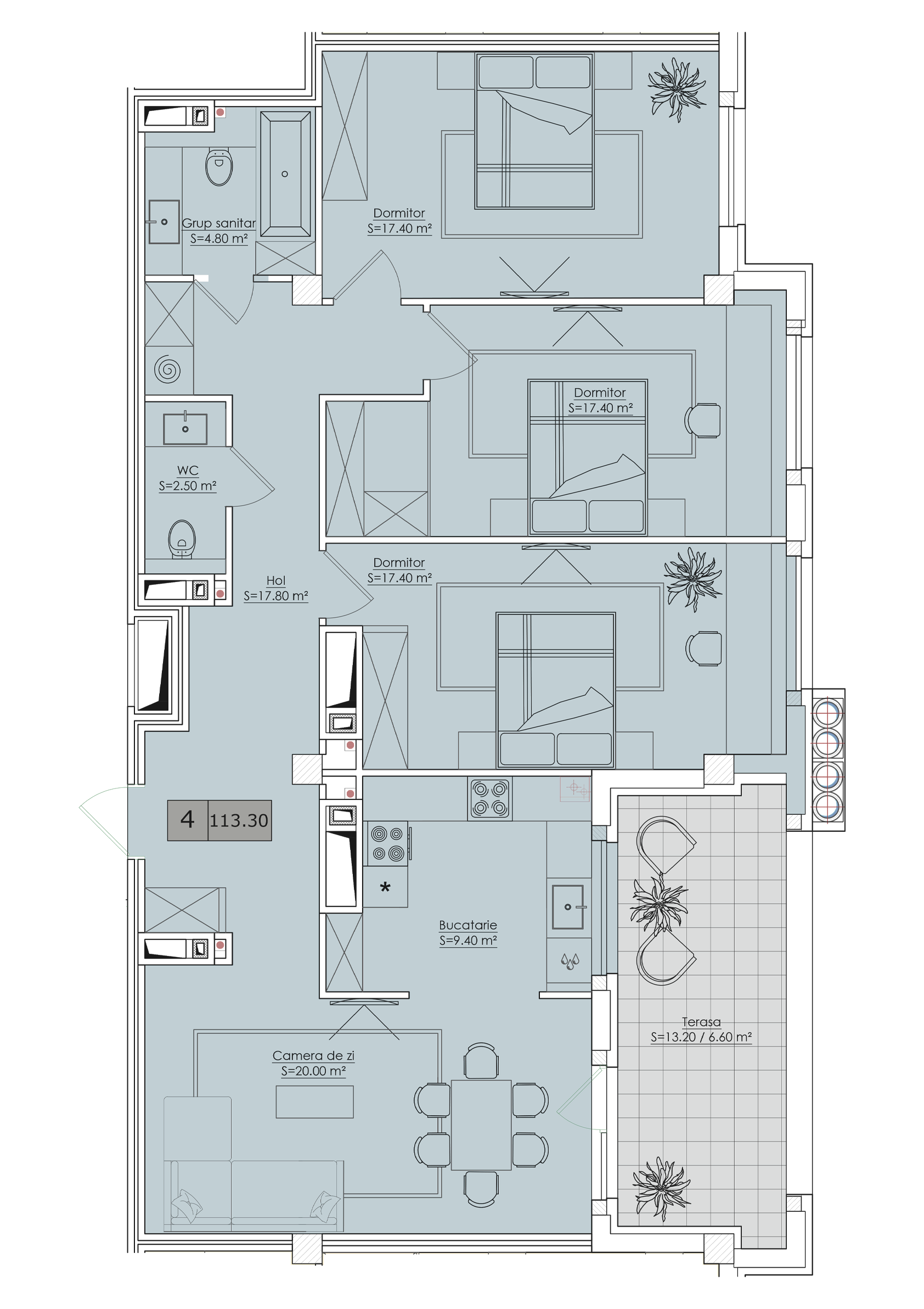 4 camere 113 m²