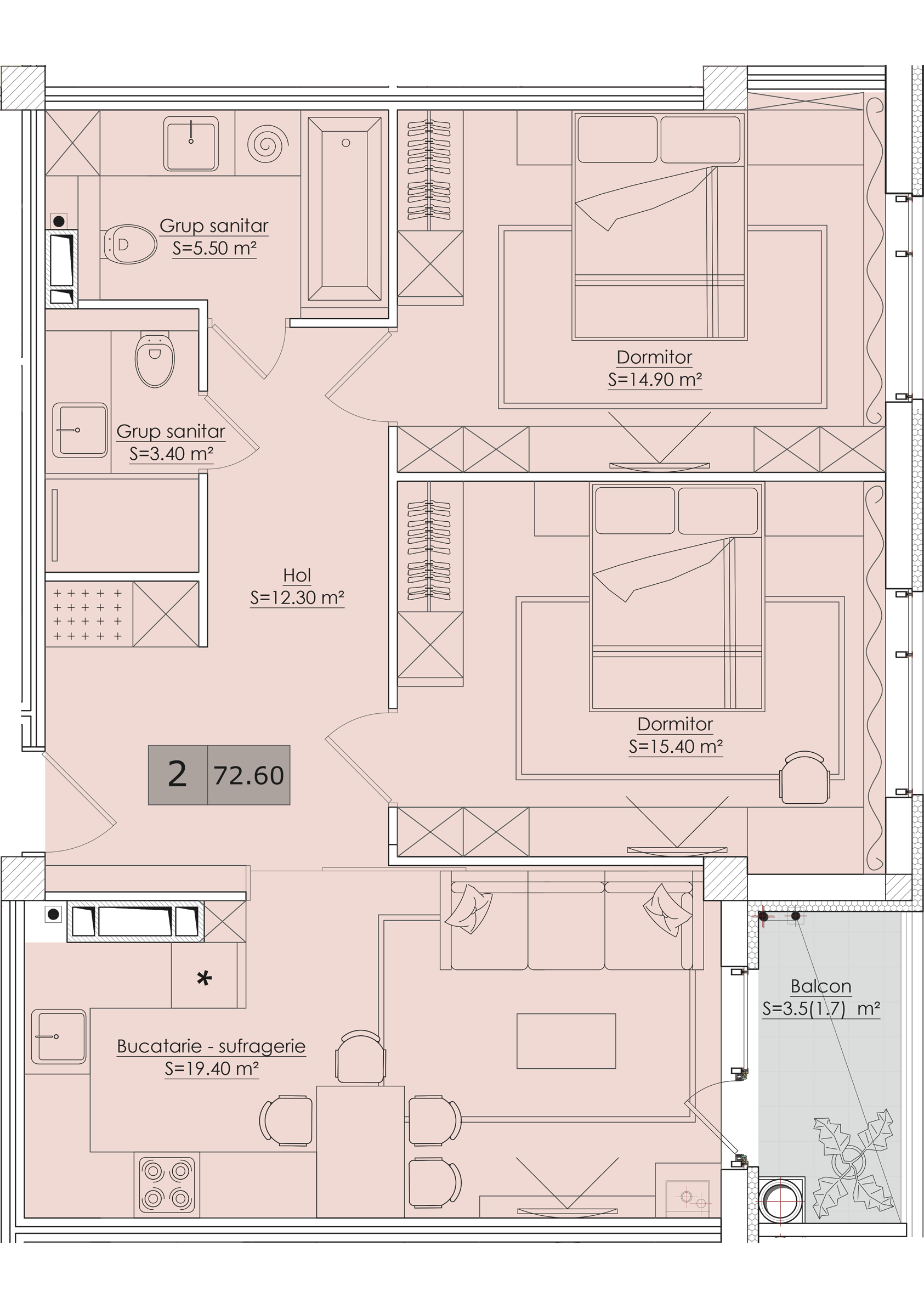 2 camere 73 m²