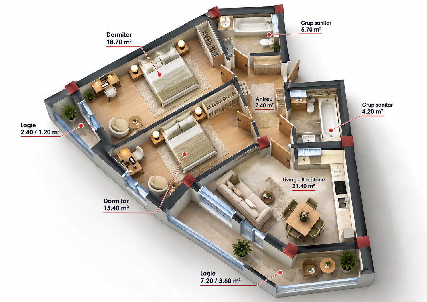 Apartament în bloc nou, cu 2 dormitoare 77,60 m²