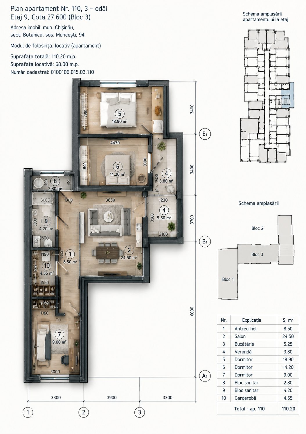 Apartament cu 3 camere, 110 m², Botanica, Chișinău