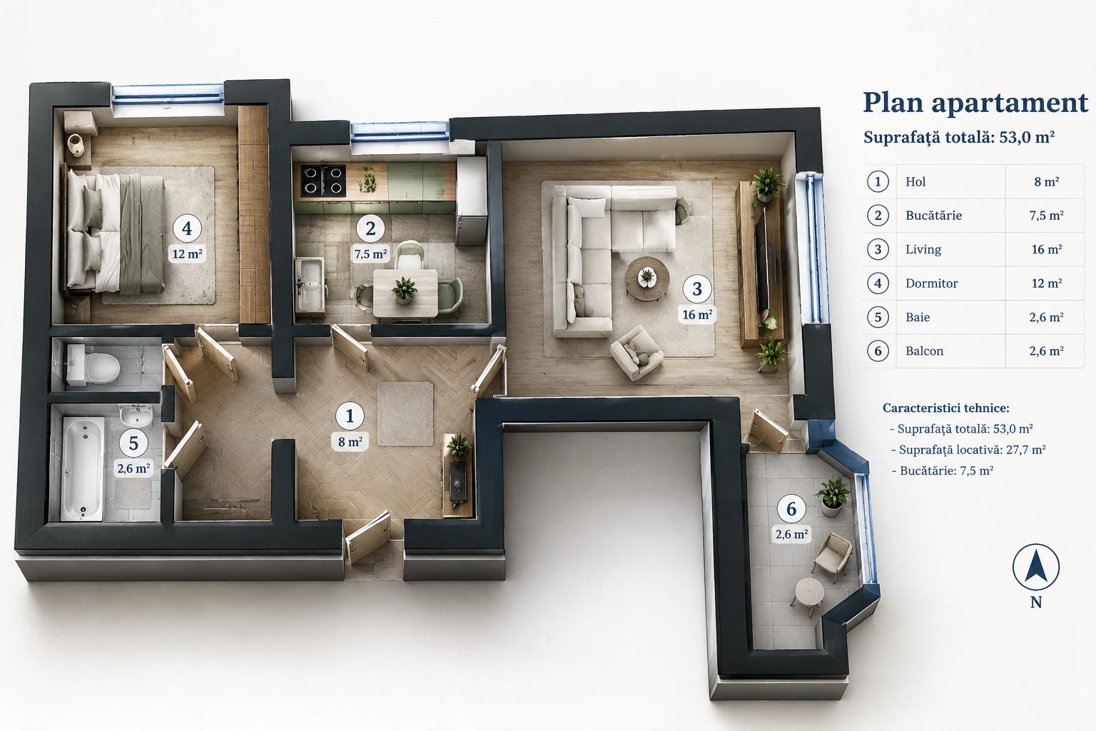 Apartament cu 2 camere, 53 m², Botanica, Chișinău
