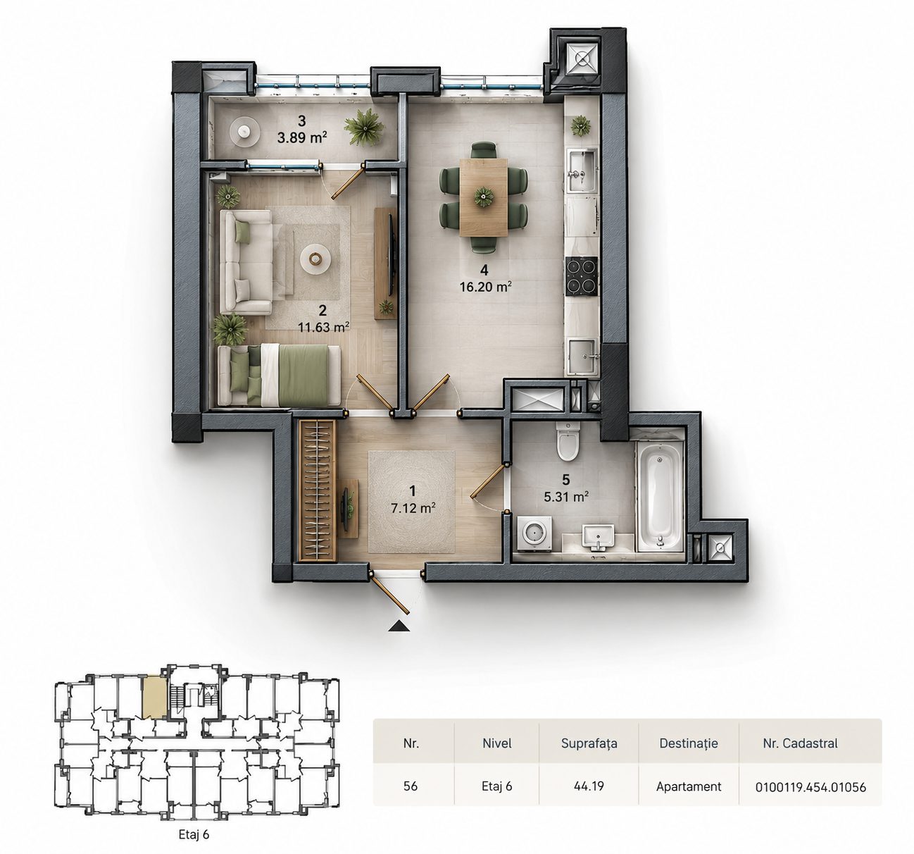 Apartament cu 1 cameră, 44 m², Botanica, Chișinău