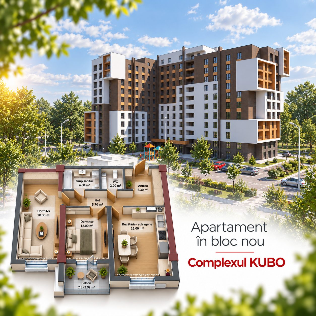 Apartament în bloc nou, cu 2 dormitoare, 69,10 m² Poșta Veche