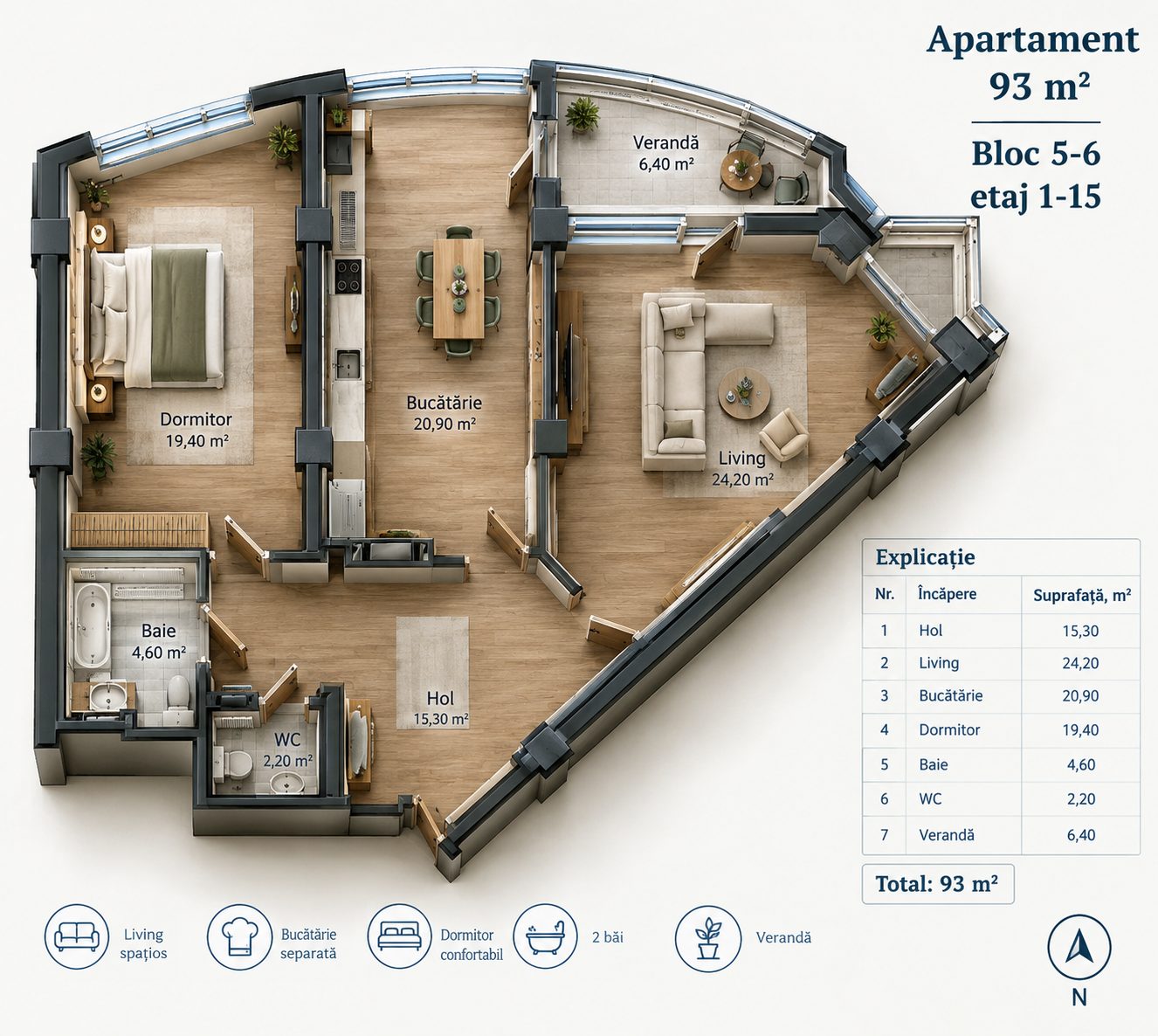 Apartament cu 3 camere, 94 m², Centru, Chișinău